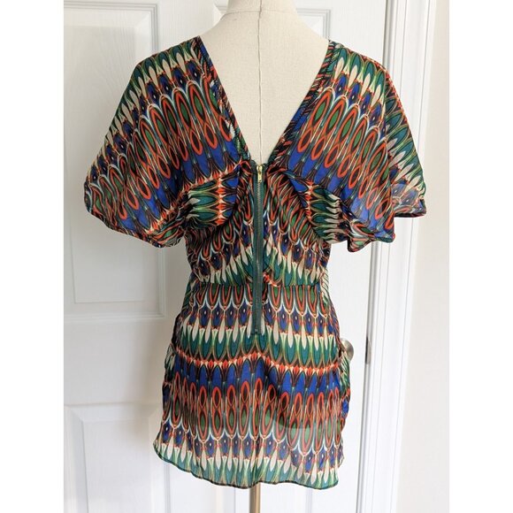 ARYN K Women’s 100% Silk Blouse Flutter Geometric Colorful Festival Aztec Sz S - Picture 6 of 11